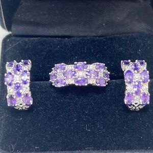 NVC 925 Sterling Silver Purple Amethyst Filigree Ring and J-Hoop Earring Set